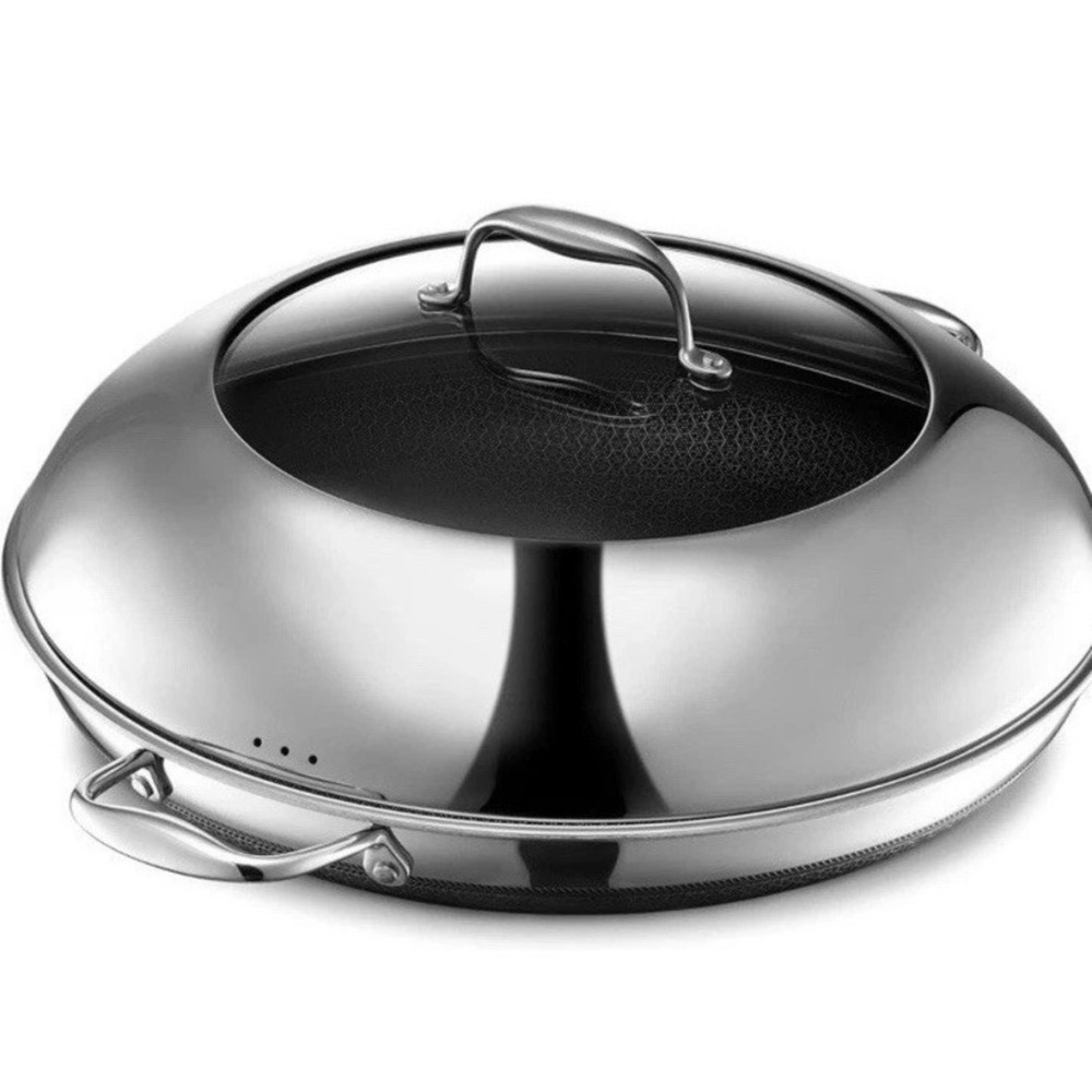 HexClad 14 Inch Hybrid Stainless Steel Nonstick Fry Pan with Tempered Glass Lid